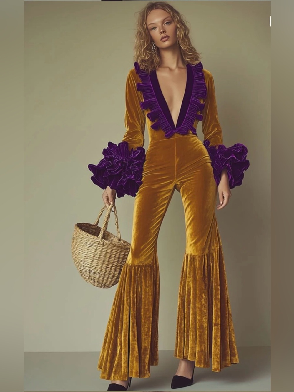 Fashion Party Purple Ruffle V-Neck Long Sleeve Flared Gold Velvet Jumpsuit